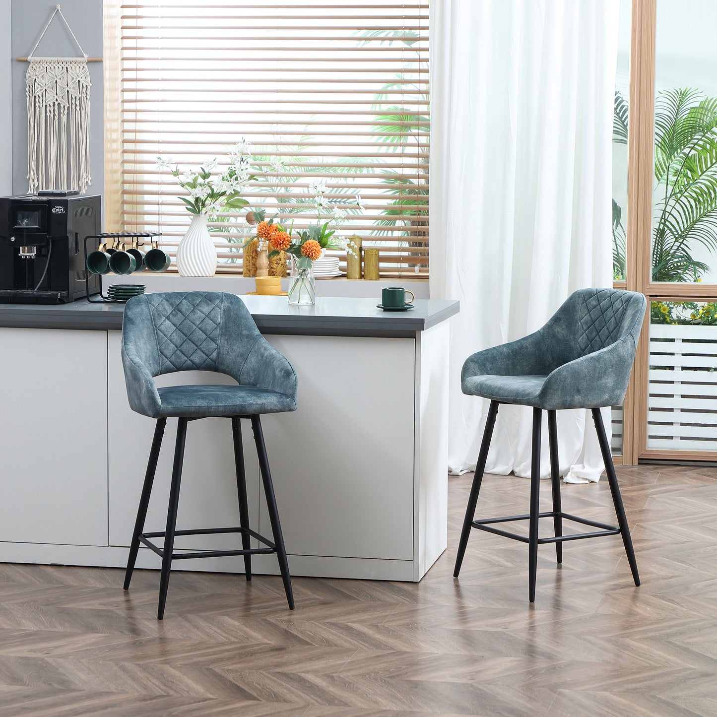 Lona Bale Set Of 2 Blue Velvet Fabric Counter H8 Bar Chairs With Steel Legs
