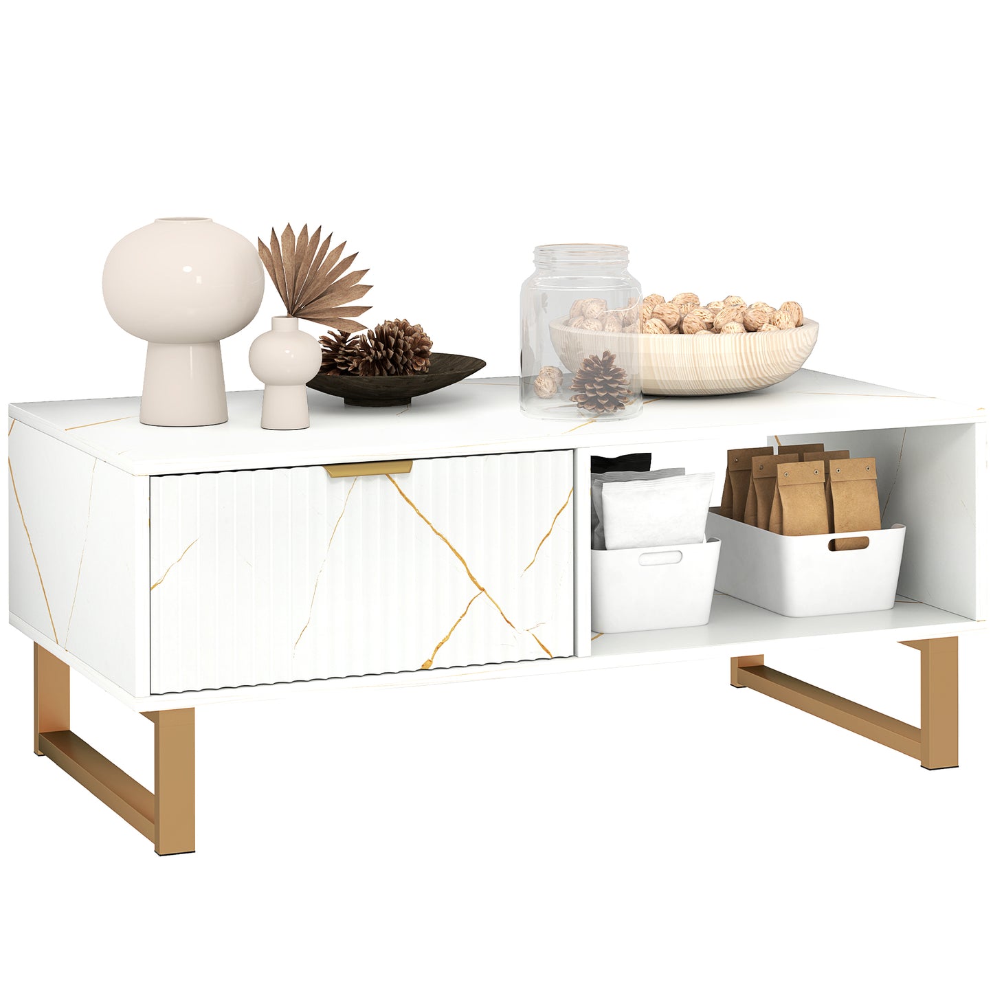 Lima Wooden White Marble Effect and Gold Coffee Table With 2 Storage Drawers