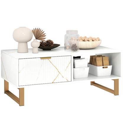 Lima Wooden White Marble Effect and Gold Coffee Table With 2 Storage Drawers