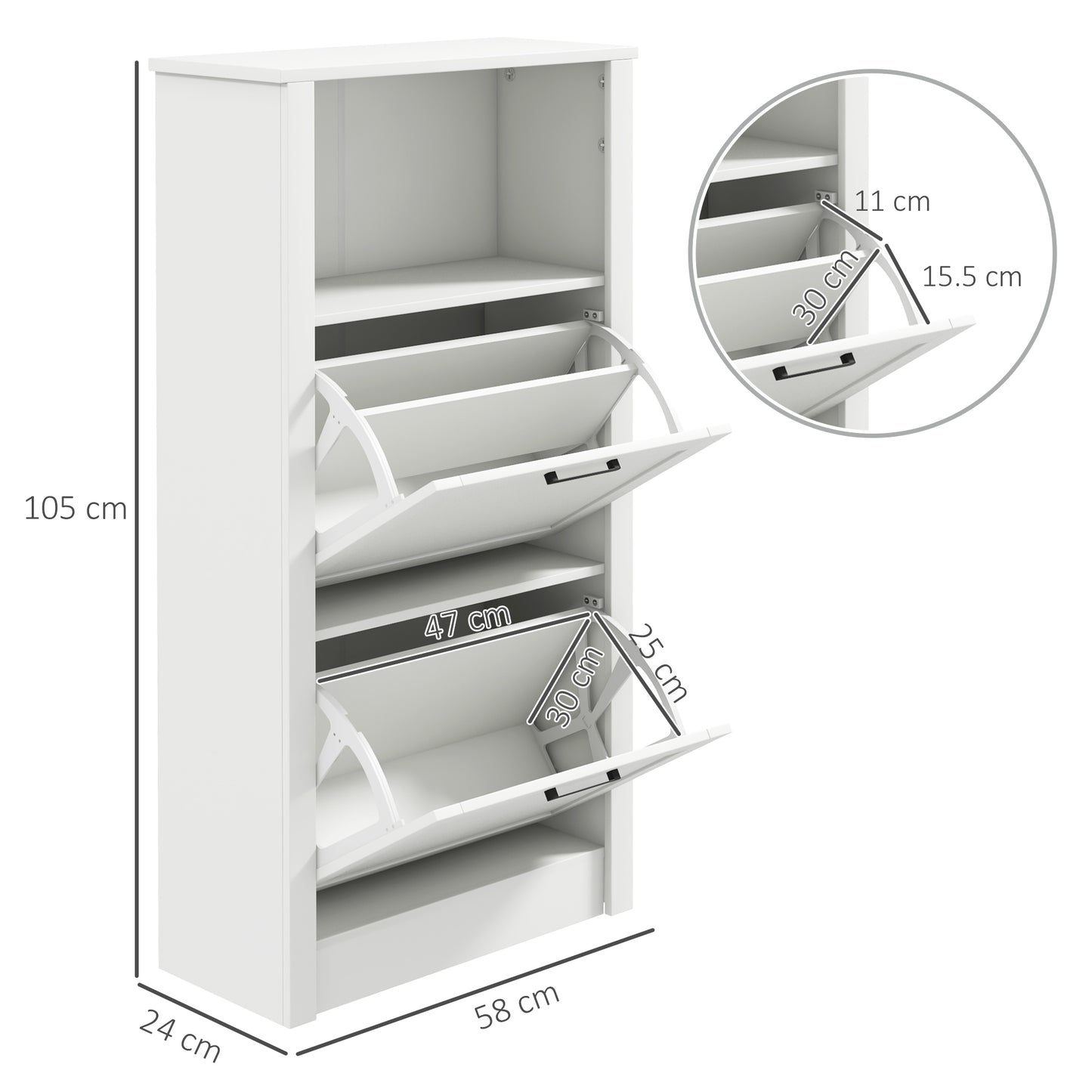 Lisavi Wooden White Slim Shoe Cabinet With 2 Flip Drawers and Shelf