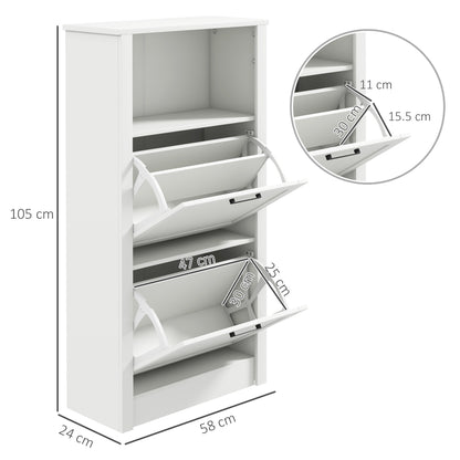 Lisavi Wooden White Slim Shoe Cabinet With 2 Flip Drawers and Shelf