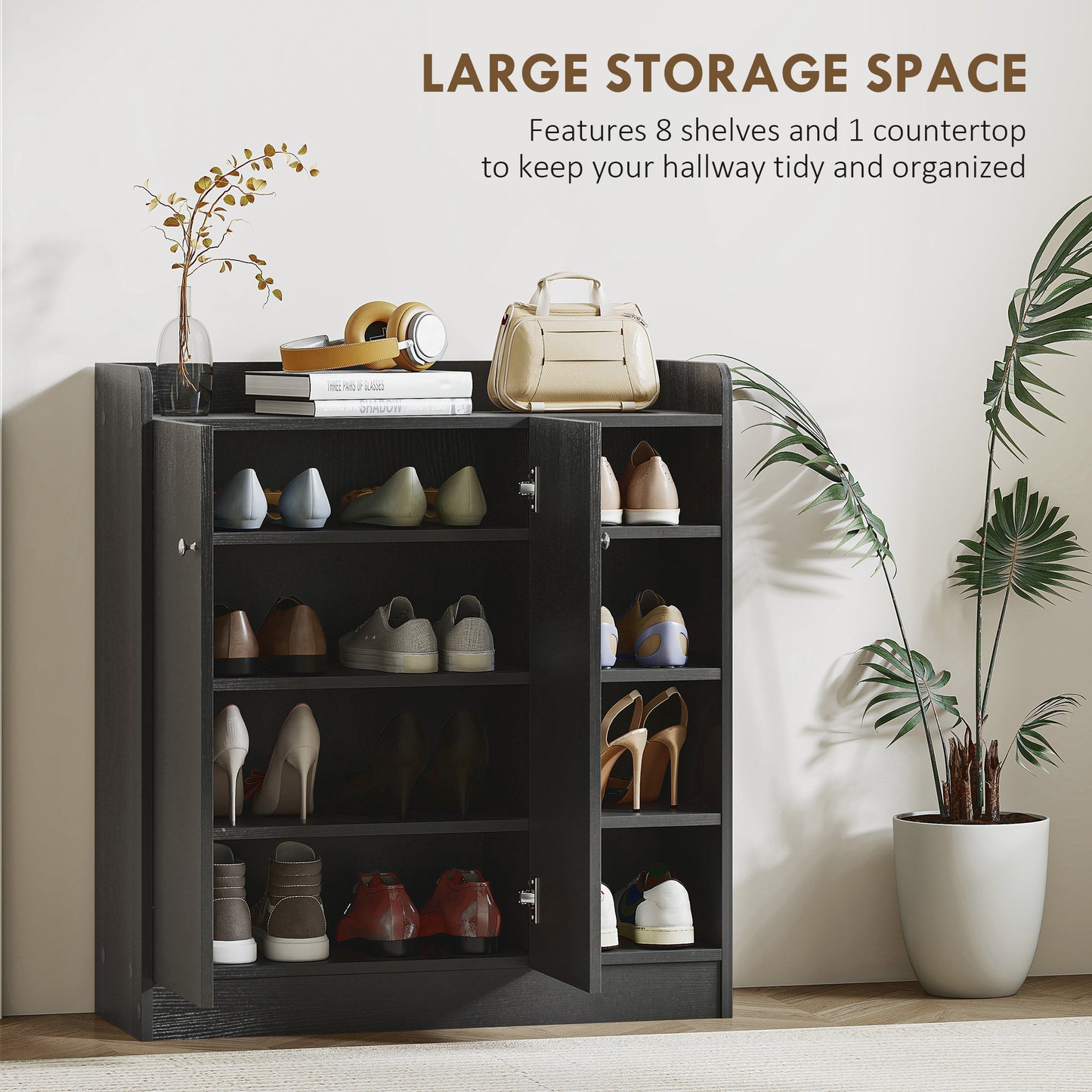 Rala Wooden Black Shoe Cupboard With 2 Doors 9 Shelves