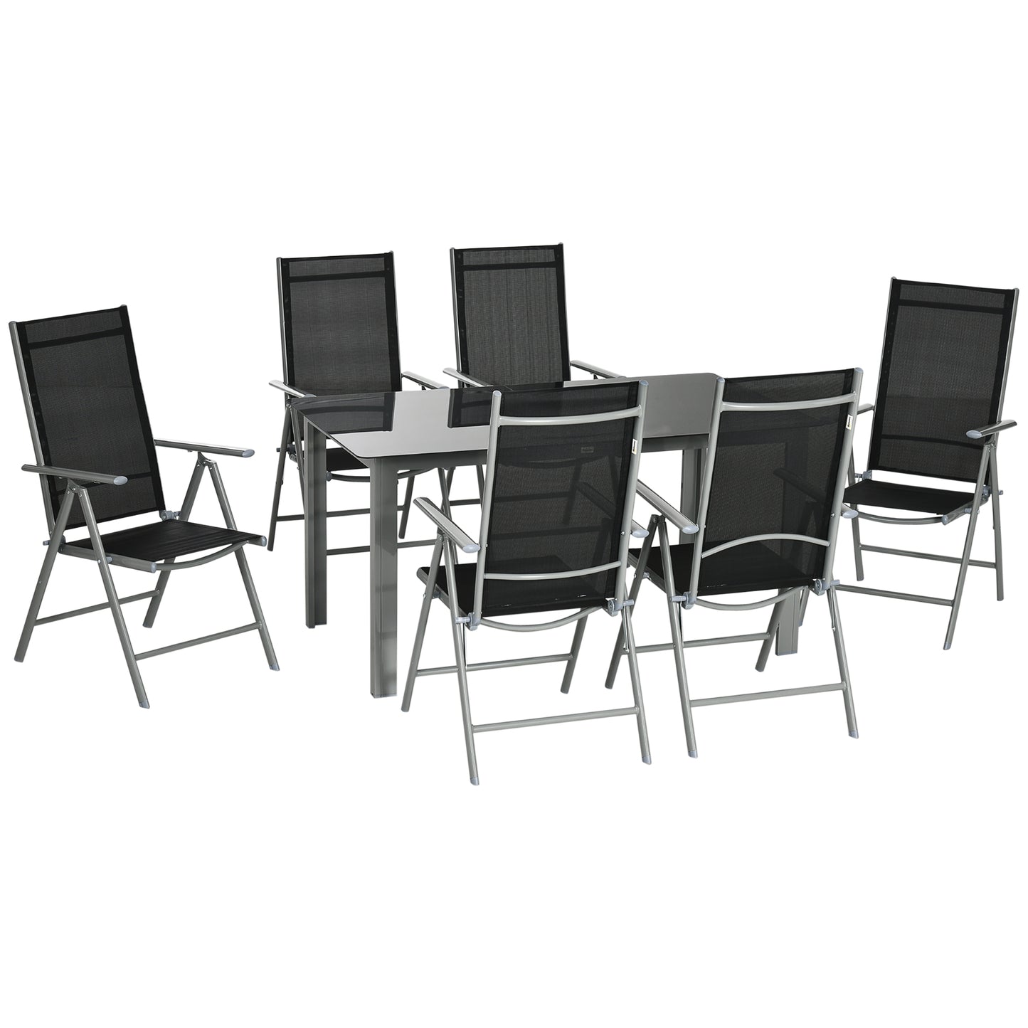 Lule 6 Seater Aluminium Black Garden Dining Set With Folding Mesh Chairs And Glass Table