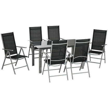 Lule 6 Seater Aluminium Black Garden Dining Set With Folding Mesh Chairs And Glass Table