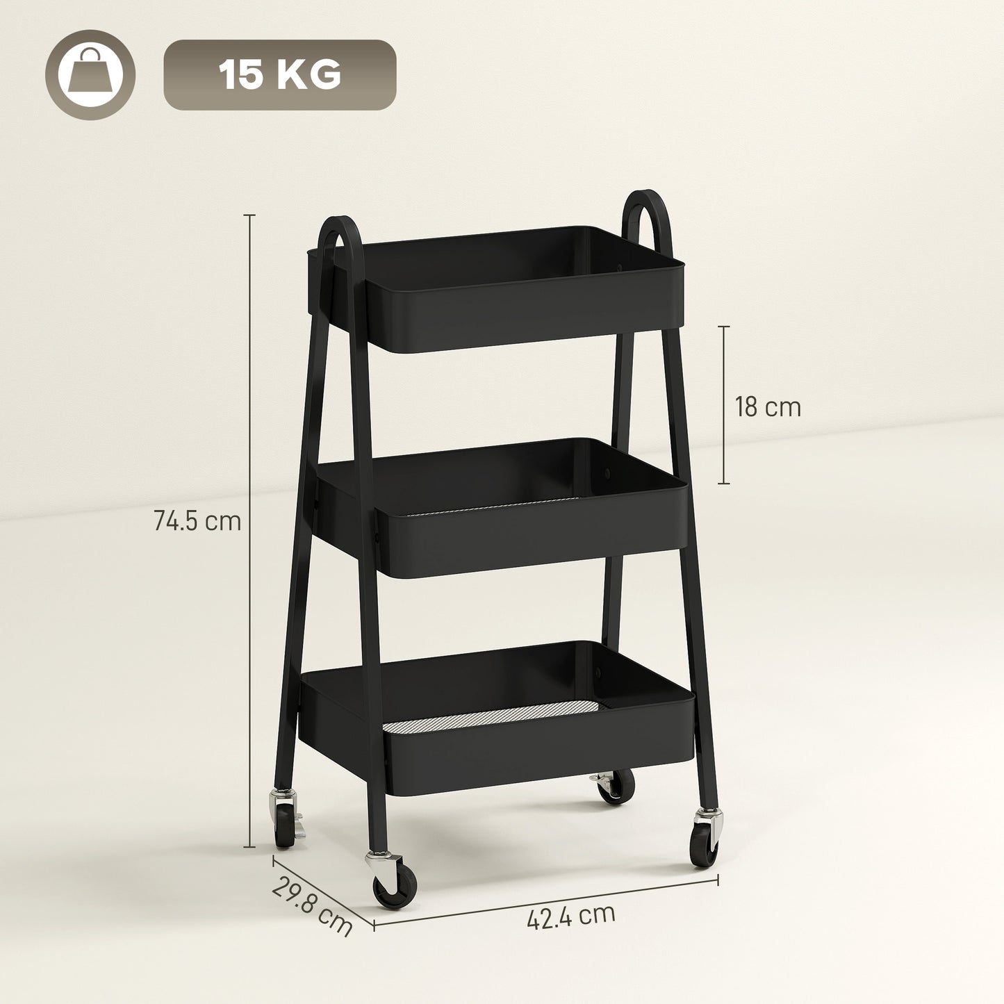 Fidovi Metal Black 3 Tier Storage Trolley With Wheels