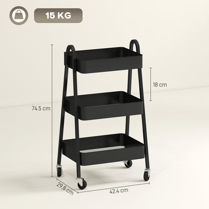 Fidovi Metal Black 3 Tier Storage Trolley With Wheels