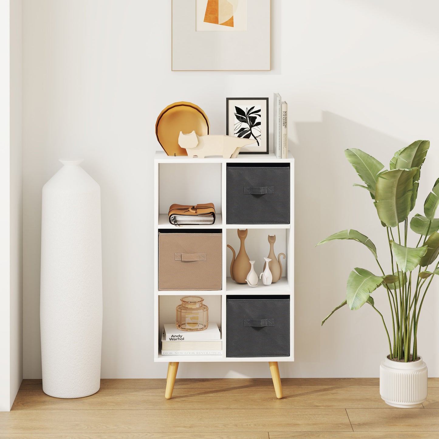 Nadiro Wooden White 6 Cube Storage Unit With 3 Fabric Drawers And OFauxn Shelves