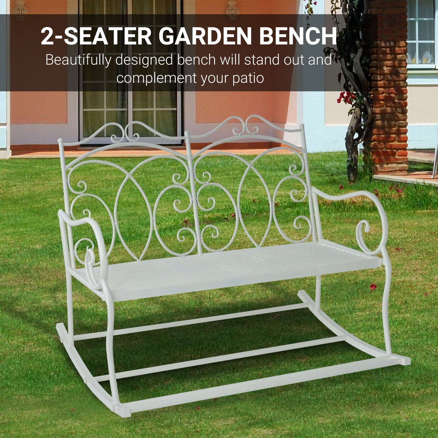 Yomino Steel White 2 Seater Outdoor Rocking Garden Bench With Decorative Backrest