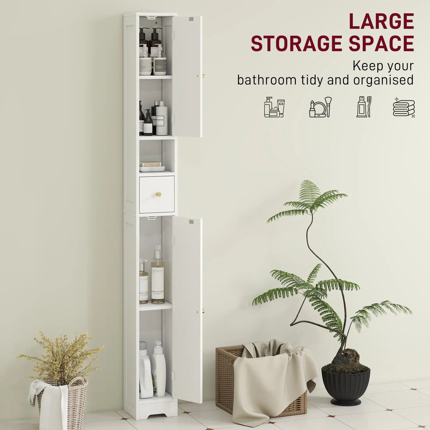 Extra Tall Bathroom Storage Cabinet With Arched Doors White 185cm