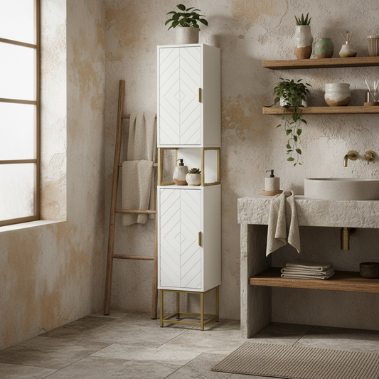 Kacoel Tall Narrow Bathroom Storage Cabinet With Adjustable Shelves Double Doors And Steel Base White
