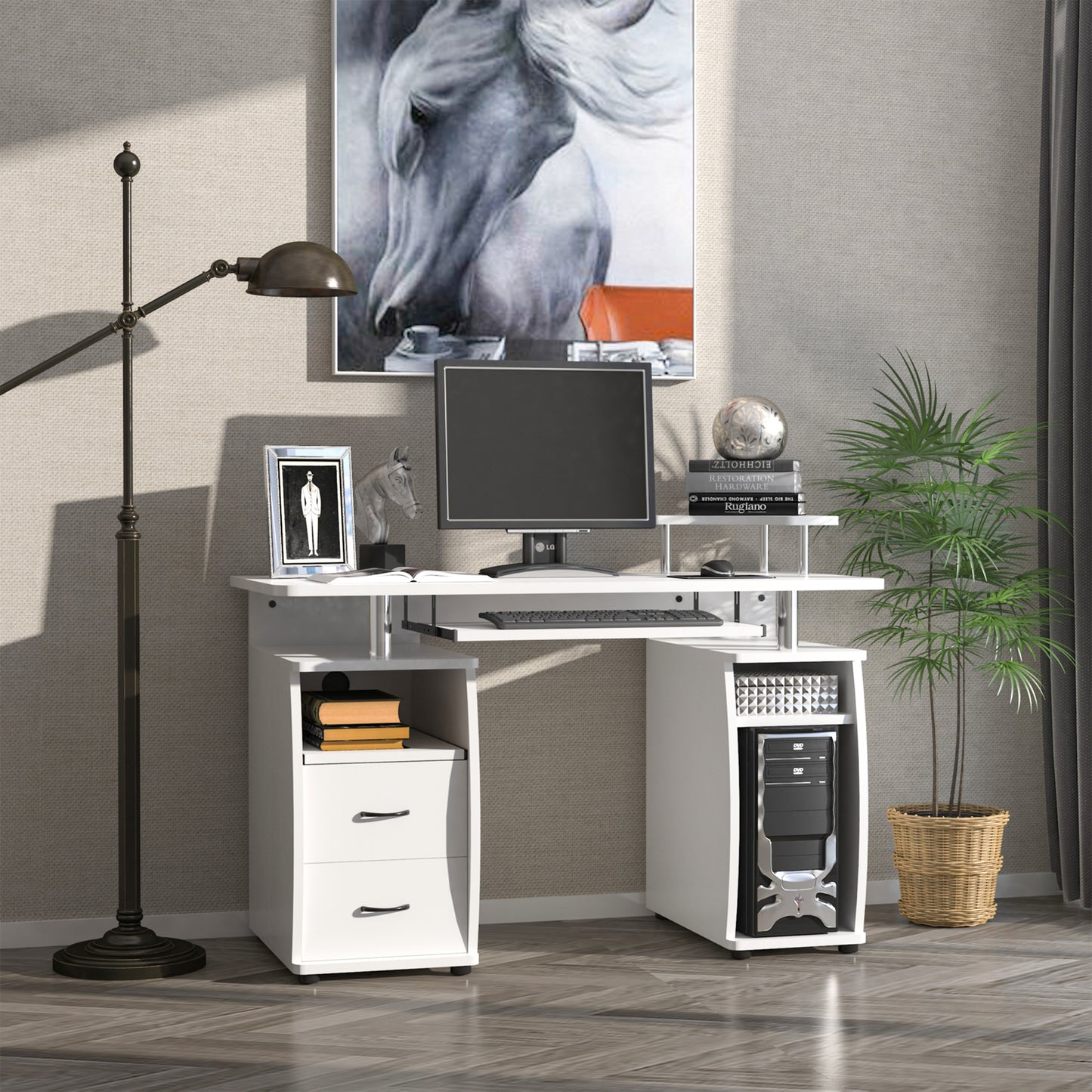 Risaso 120cm White Office Desk With Sliding Keyboard Tray 2 Drawers And Shelving