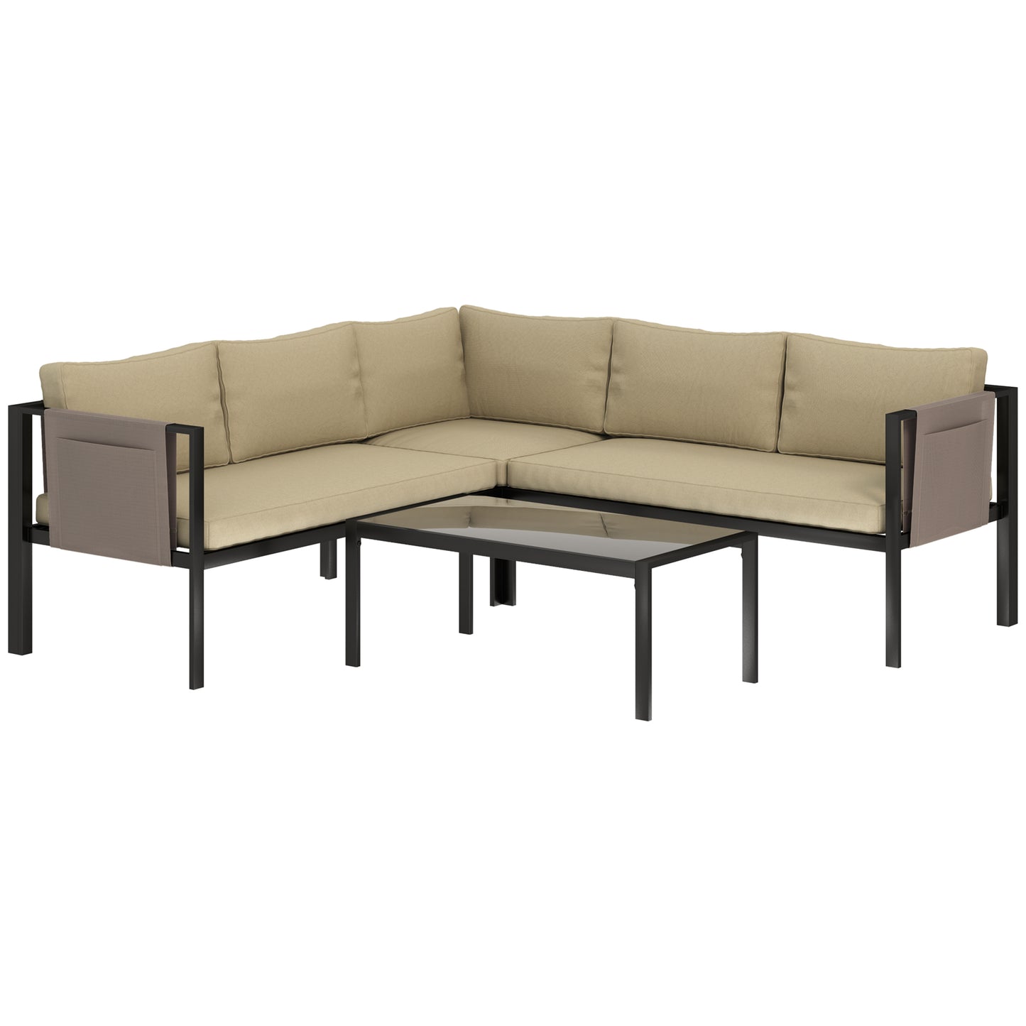 Cichetti Beige 5 Seater Corner Garden Sofa Set With Glass Top Coffee Table And Cushions