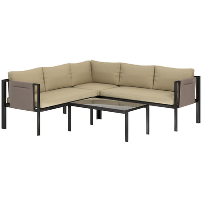 Cichetti Beige 5 Seater Corner Garden Sofa Set With Glass Top Coffee Table And Cushions
