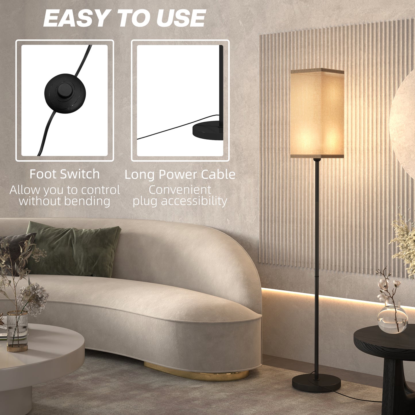 Sekafi Metal And Fabric Black Minimalist Floor Lamp With Linen Shade And Foot Switch