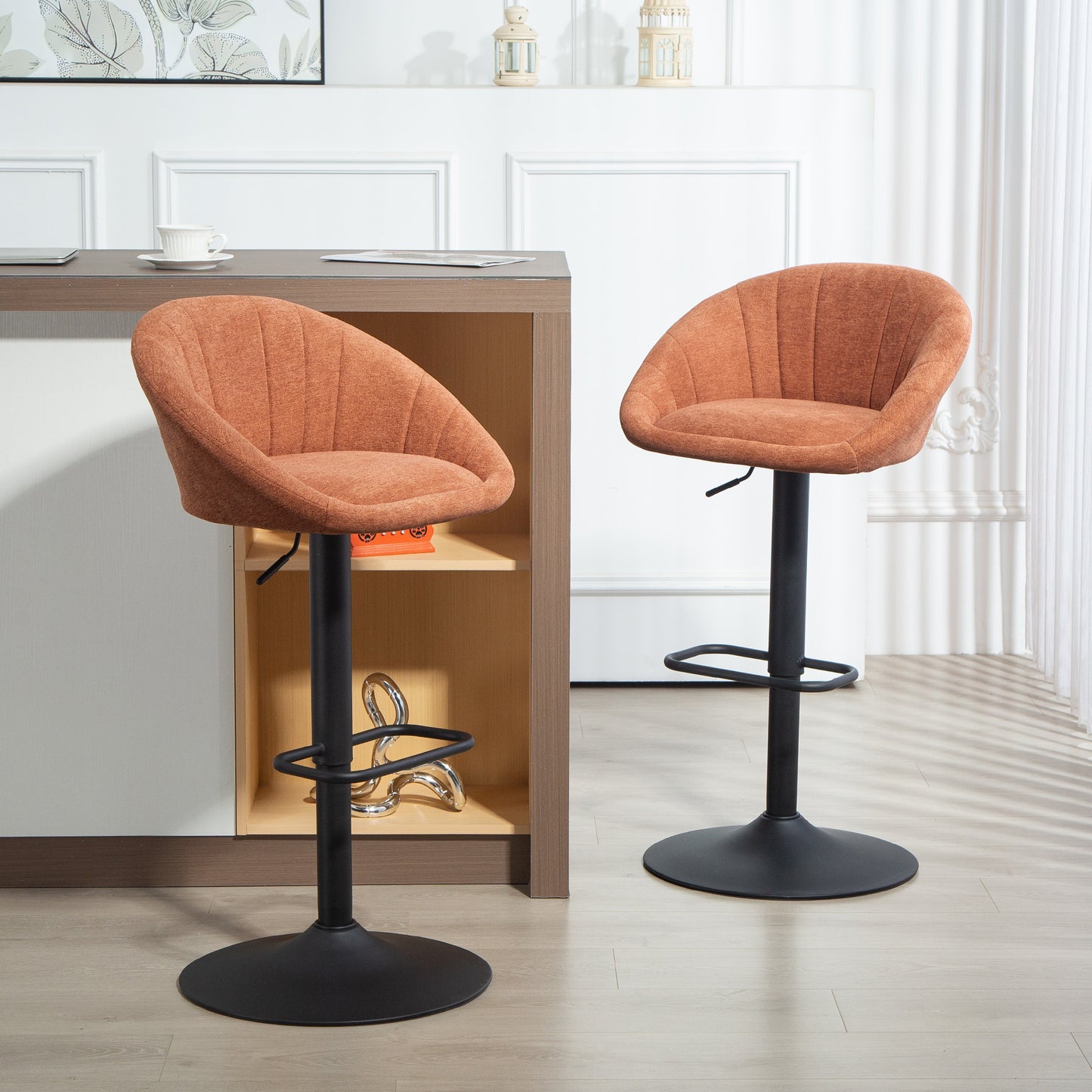 Lovake Fabric Orange Relaxed Tub Bar Stools Set Of 2 With Curved Seat