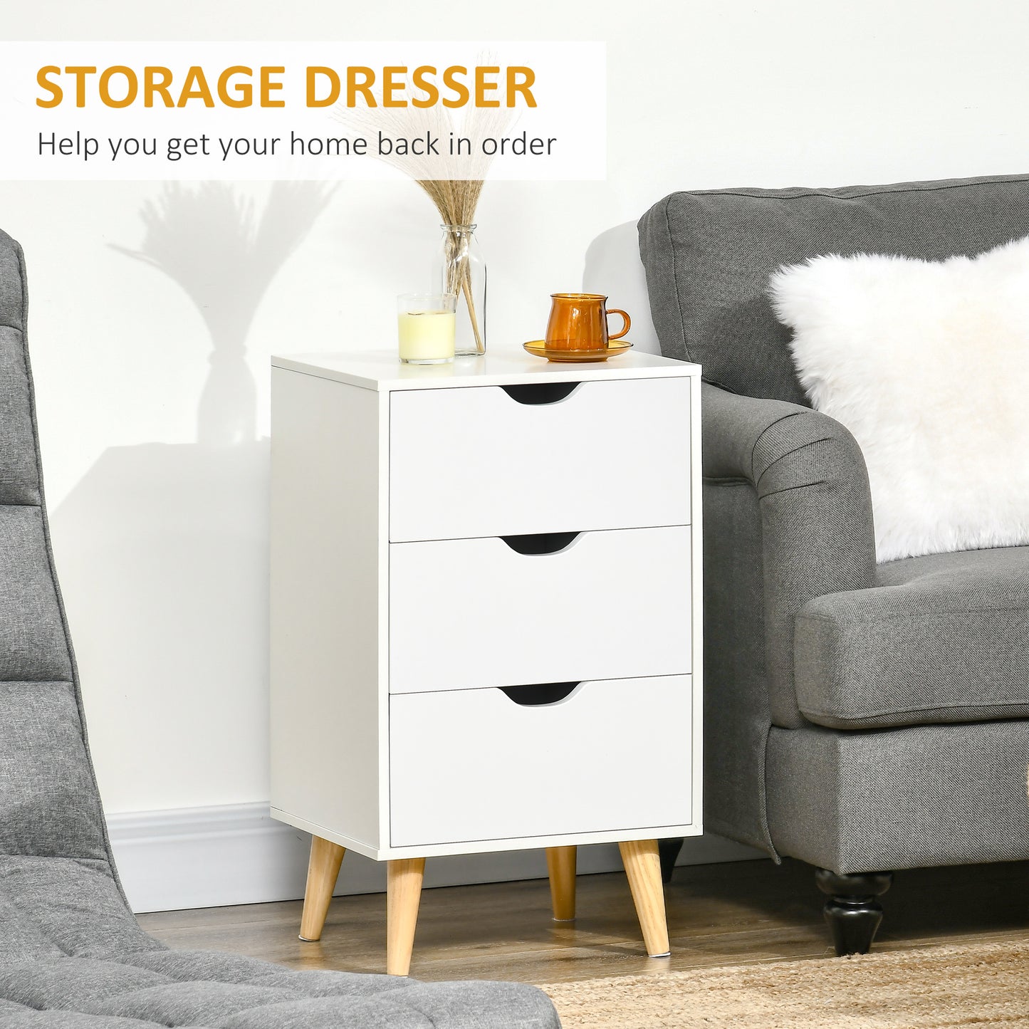 Rato White Bedside Table With 3 Drawers And Narural Wood Legs