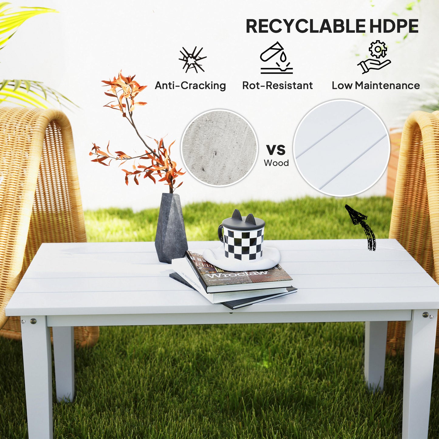 Harota Wooden White Outdoor Rectangular Coffee Table With Slatted Top For Garden And Balcony Use