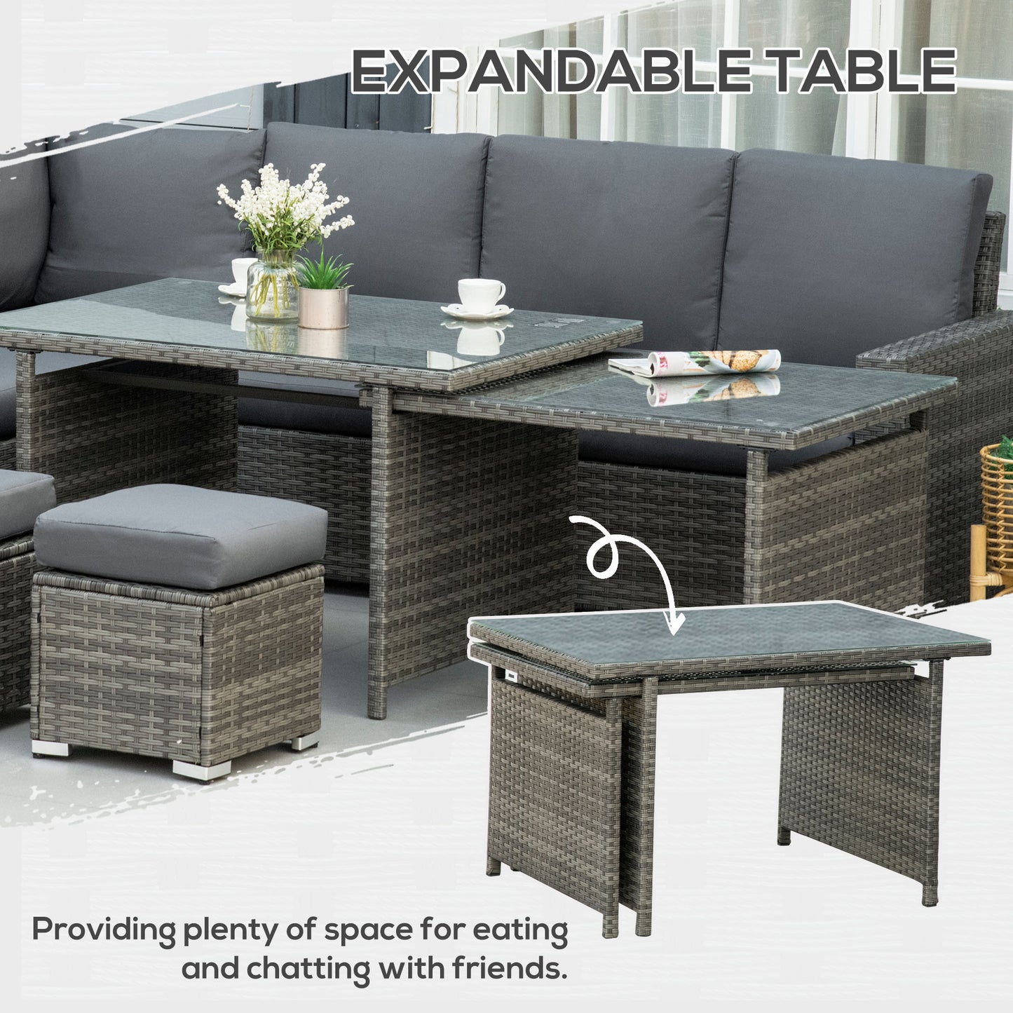 Rokane Rattan Grey 10 Seater Garden Sofa Set With Extending Dining Table