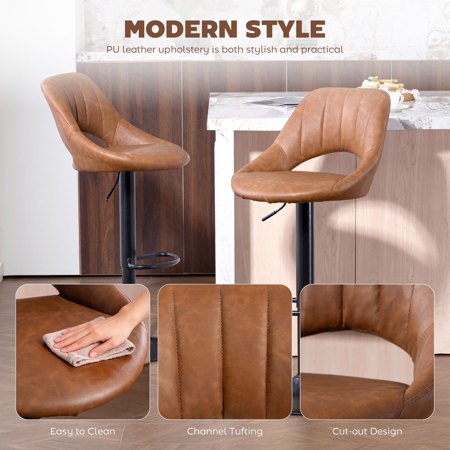 Palosa Set Of 2 Brown Faux Leather Swivel Bar Chairs With Backrest And Footrest