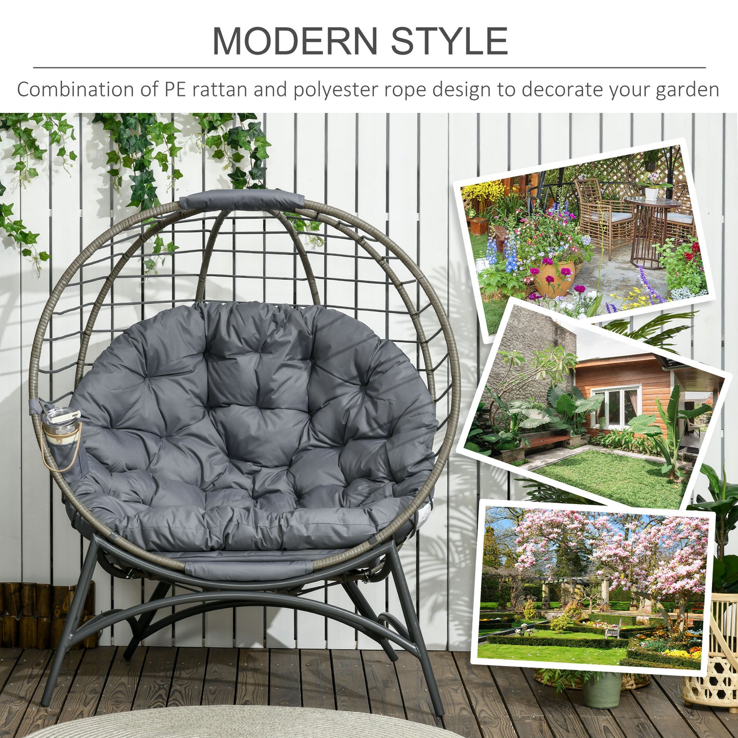 Ranido Grey Rattan Freestanding Folding Egg Chair With Bottle Holder