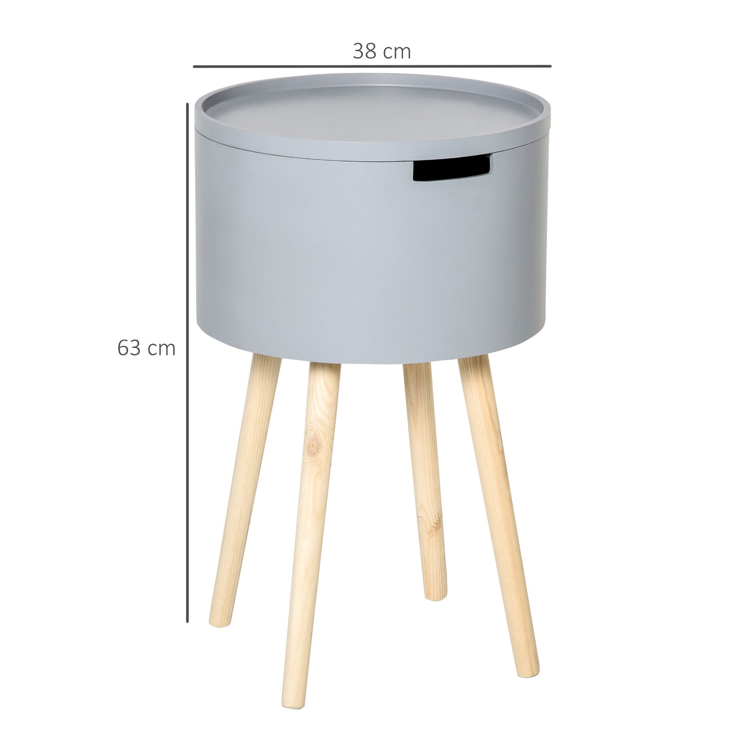 Temicco Wood Natural and Grey Round Bedside Table With Hidden Storage And Removable Tray