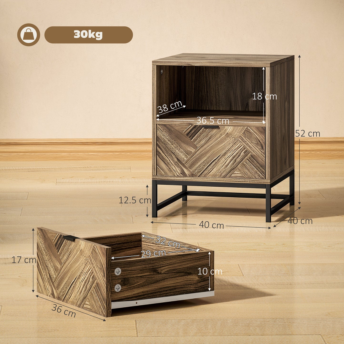 Kazi Brown Wood Effect Bedside Table With Drawer Shelf And Steel Legs