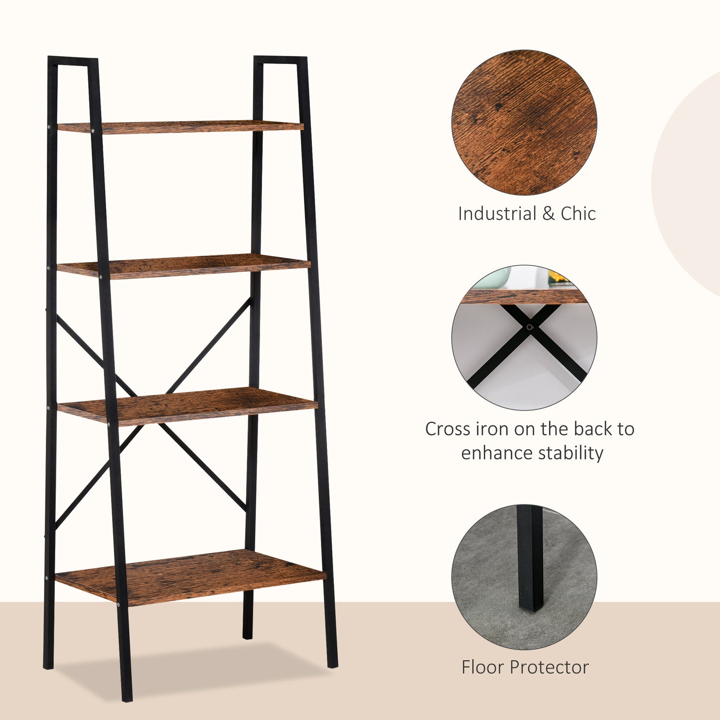 Tanile Metal And Wood Rustic Brown And Black 4 Tier Ladder Bookshelf