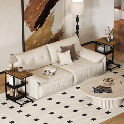 Lufaro Set Of 2 Mobile C Shaped Side Tables With Locking Wheels Metal And Wooden Dark Brown