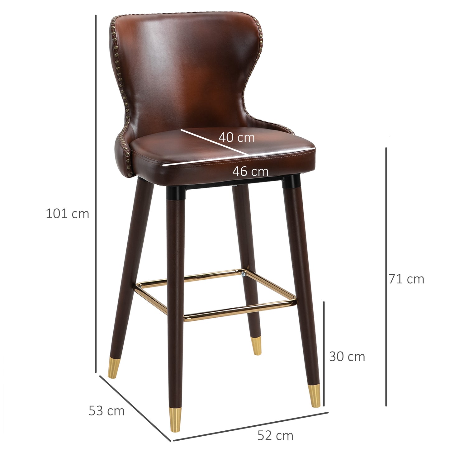 Halotti Faux Leather Brown Bar Stools Set Of 2 With Back Support And Wooden Legs