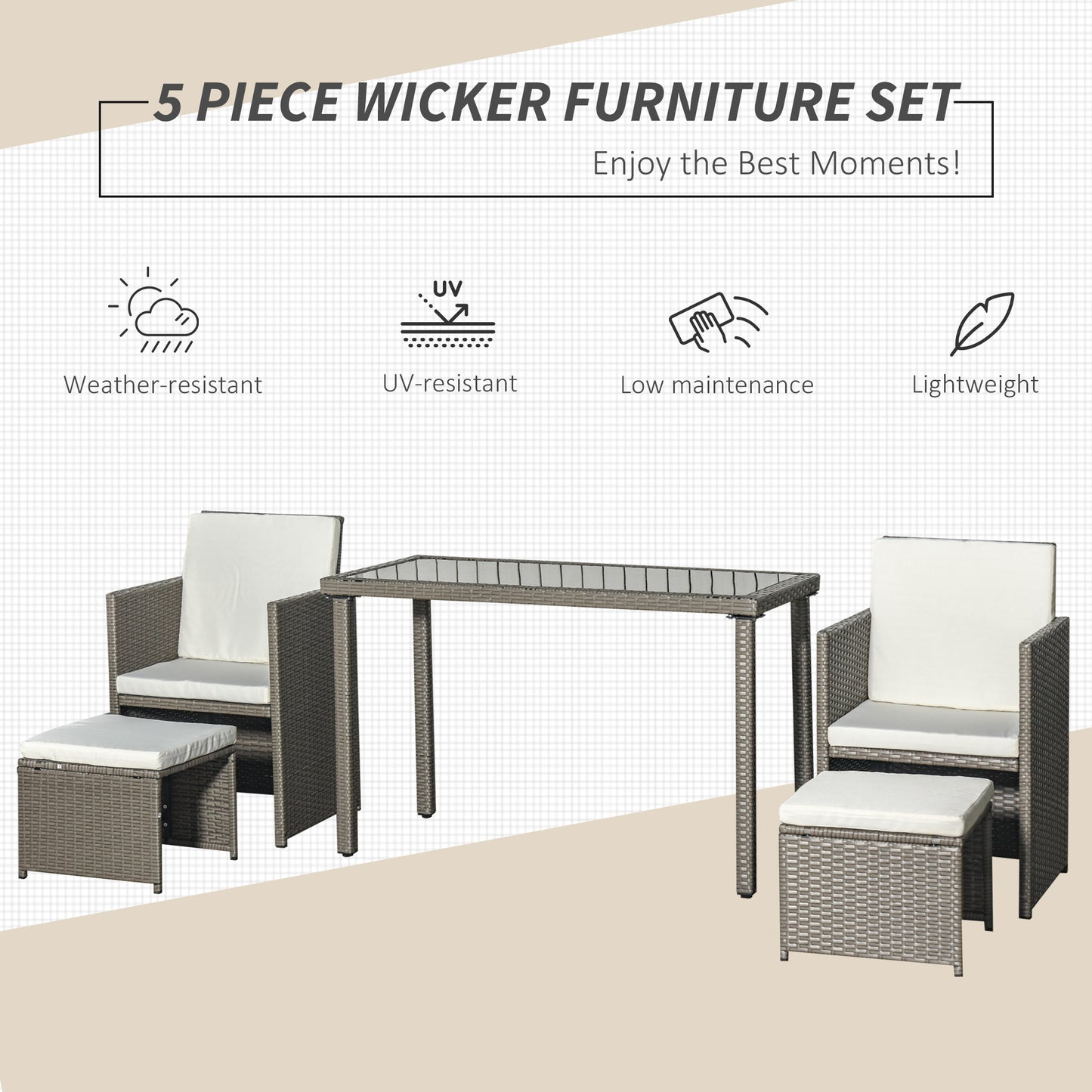 Moel Grey Rattan 4 Seater Cube Garden Dining Set with 2 Armchairs 2 Stools And Glass Table