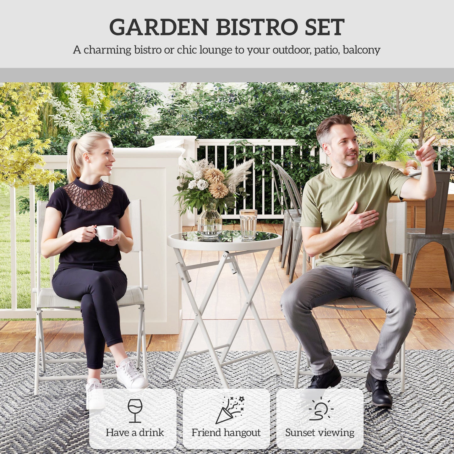 Lafiyo Glass And Metal White 3 Piece Outdoor Bistro Set With Folding Chairs