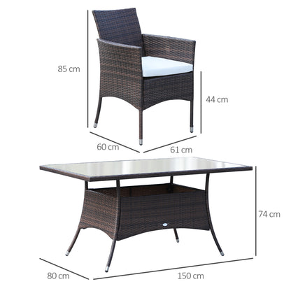 Dine Rattan Brown 6 Seater Outdoor Dining Set With Cushioned Armchairs And Rectangular Glass Table