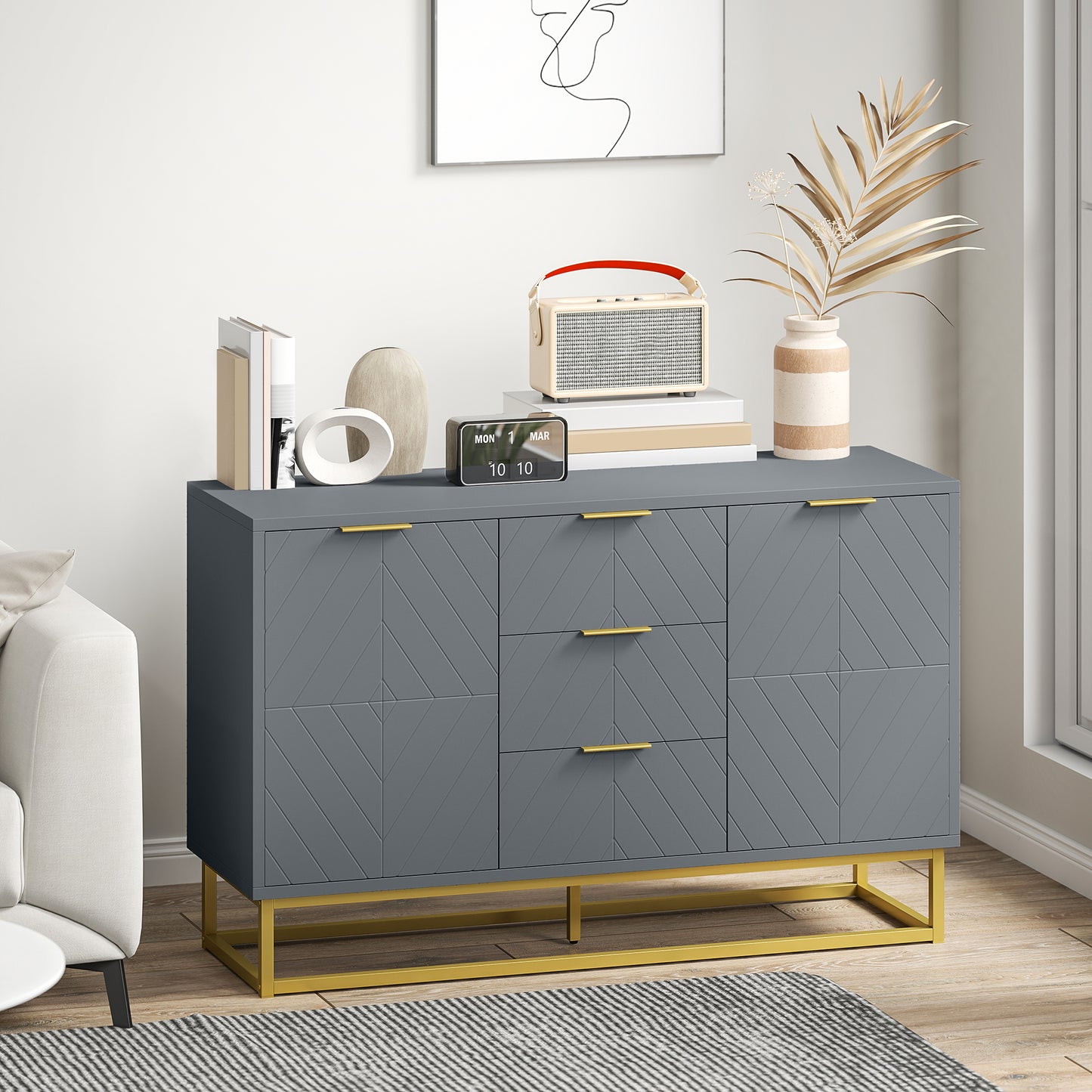 Veli Grey Sideboard With 3 Drawers 2 Doors 2 Sehelves