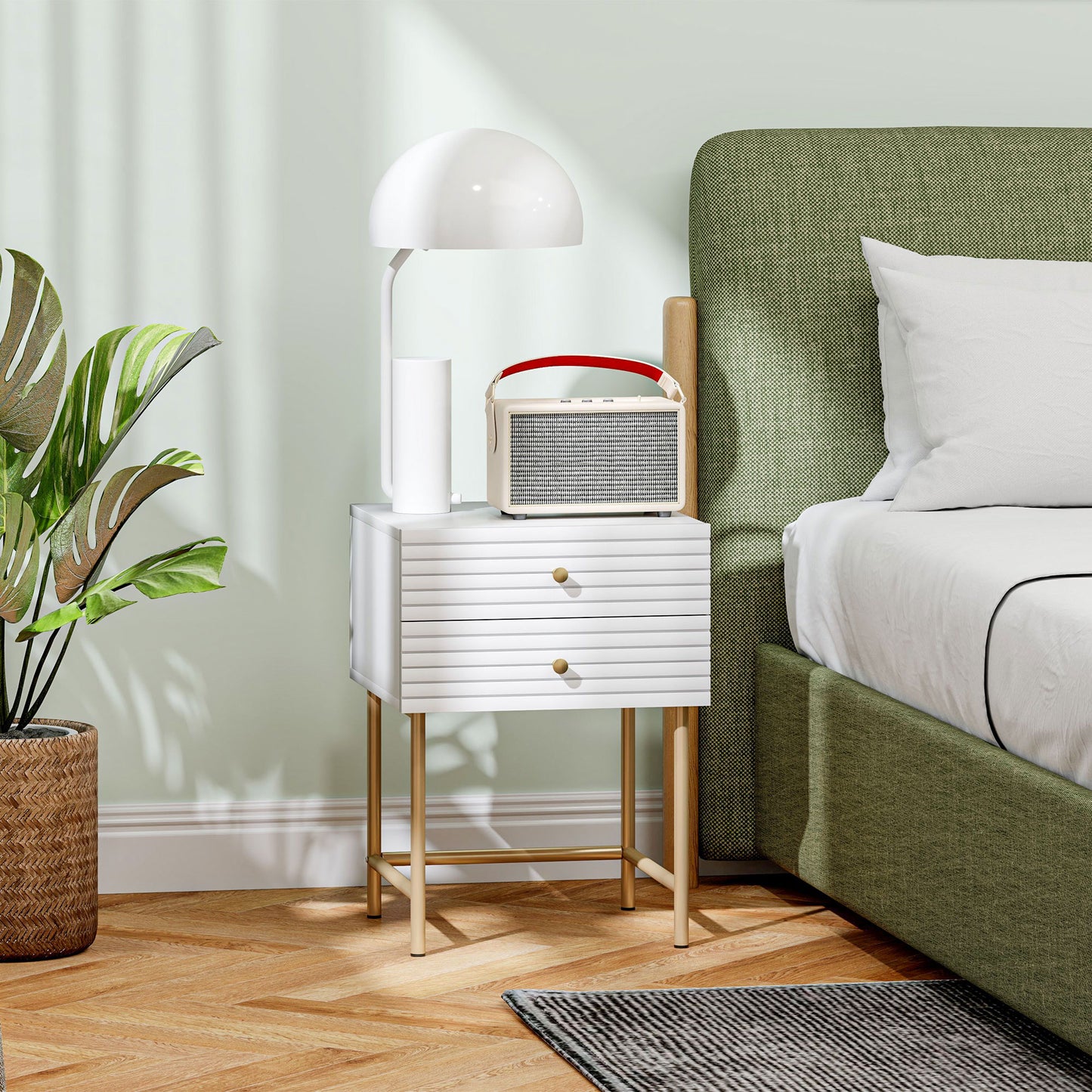Satosu Set Of 2 White And Gold Elegant Bedside Tables with Ribbed Drawers
