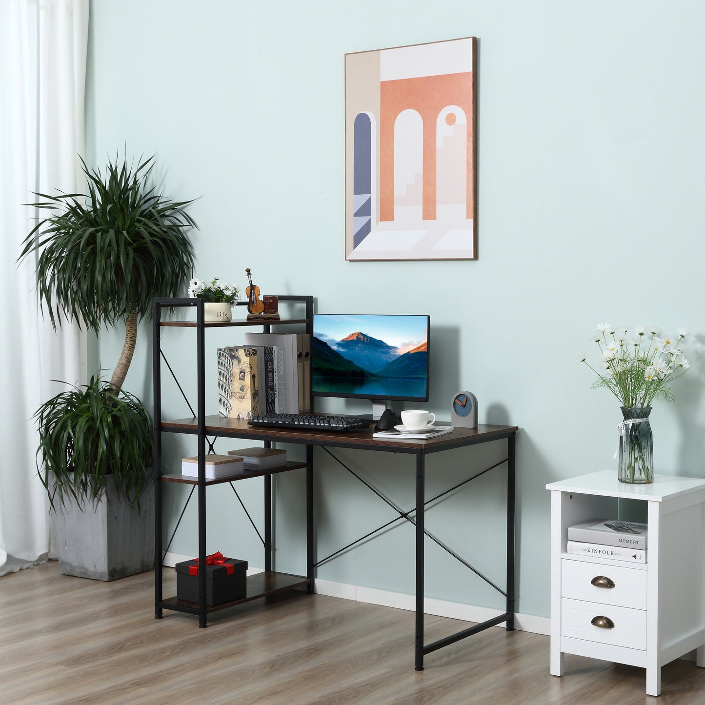 Ledo 120cm Rustic Brown And Black Reversible Industrial Home Office Desk With Side Shelving