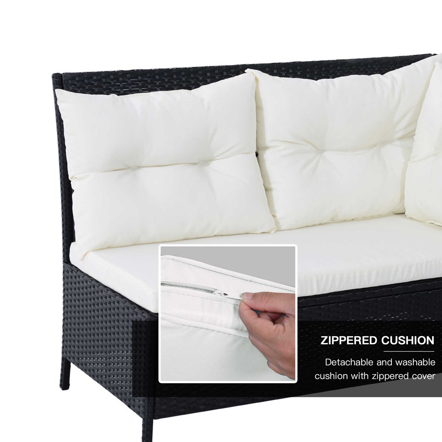 Semapa Rattan Black 8 Seater Corner Dining Sofa Set With Coffee Table Footstool And White Cushions