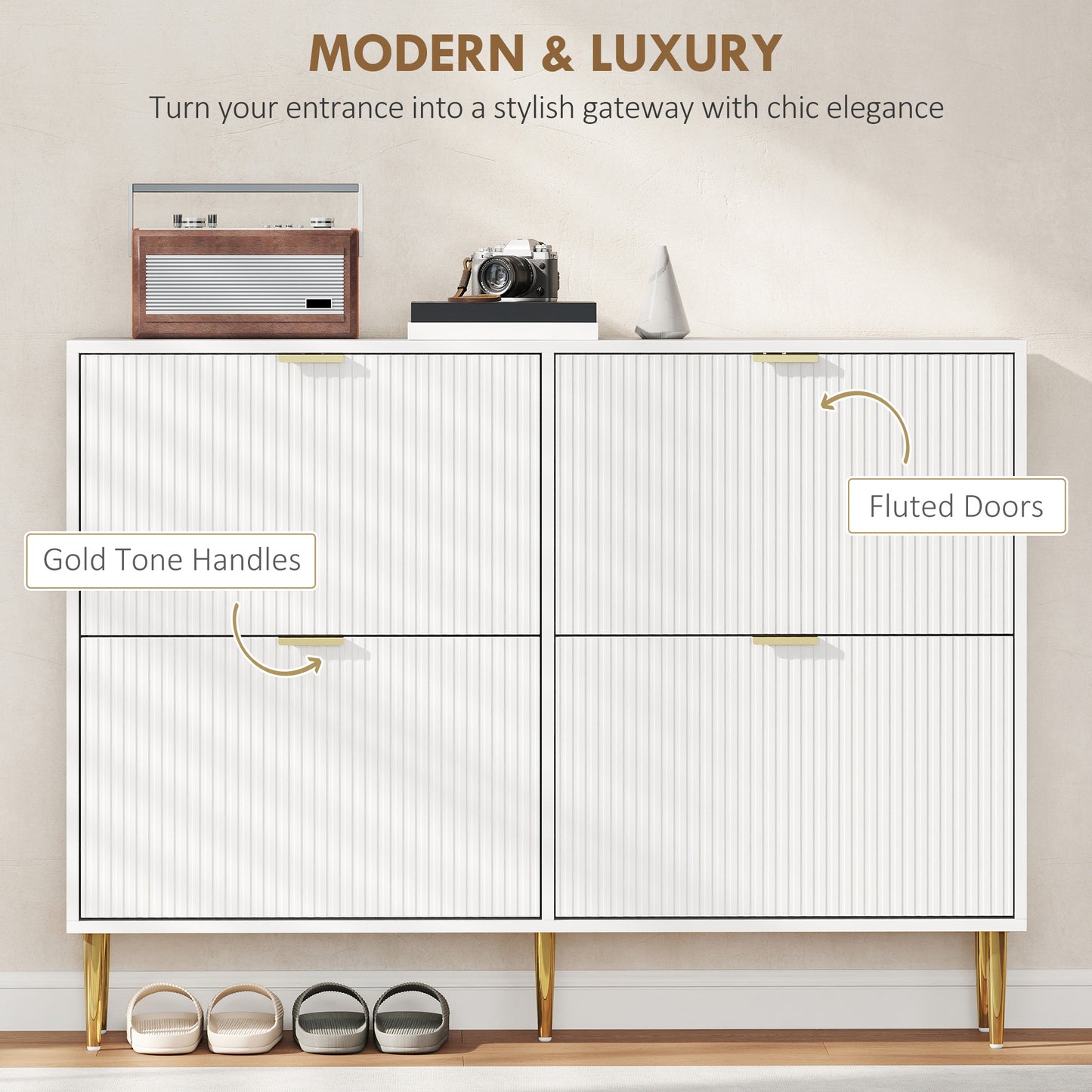Rokake Wooden White Elegant 4 Drawer Shoe Cabinet Ribbed Design