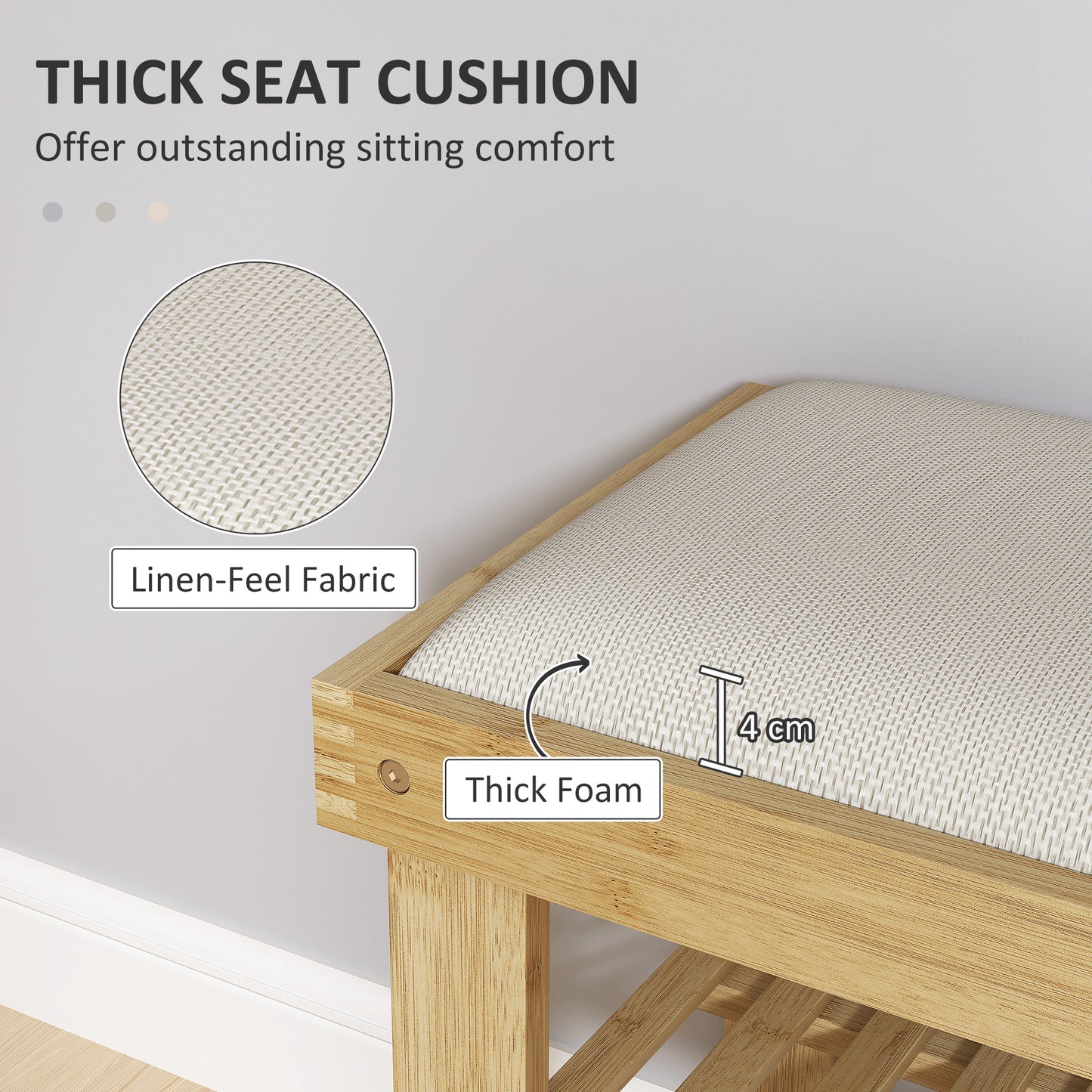 Fisuso 60cm Bamboo Cream White 3 Tier Shoe Bench With Cushioned Seat