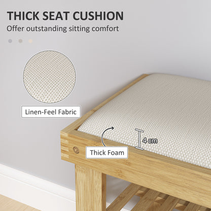 Fisuso 60cm Bamboo Cream White 3 Tier Shoe Bench With Cushioned Seat