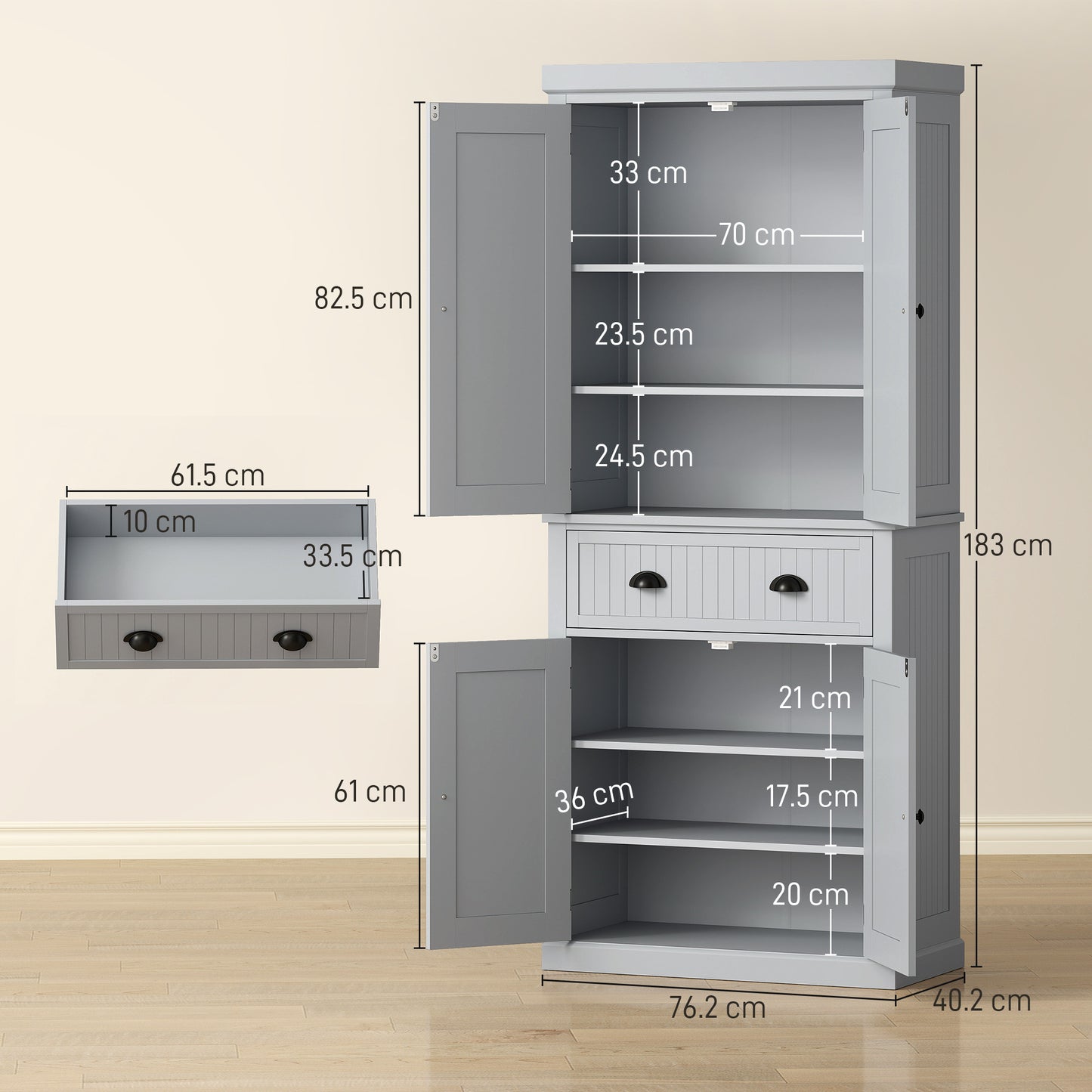 Somoel 183cm Wooden Grey Mid Century Panelled Storage Kitchen Cabinet Pantry