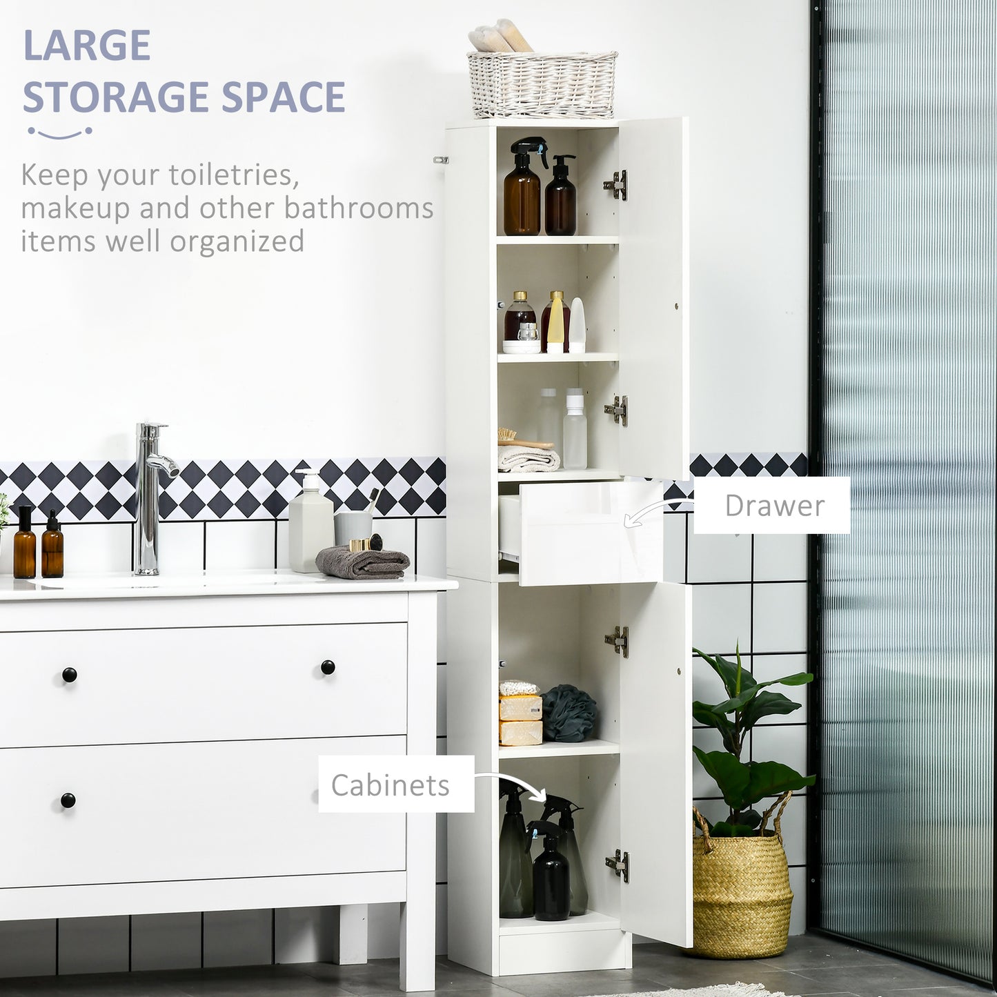 Elluno Maso High Gloss White Tall Bathroom Storage Cabinet With Push To OFauxn Door