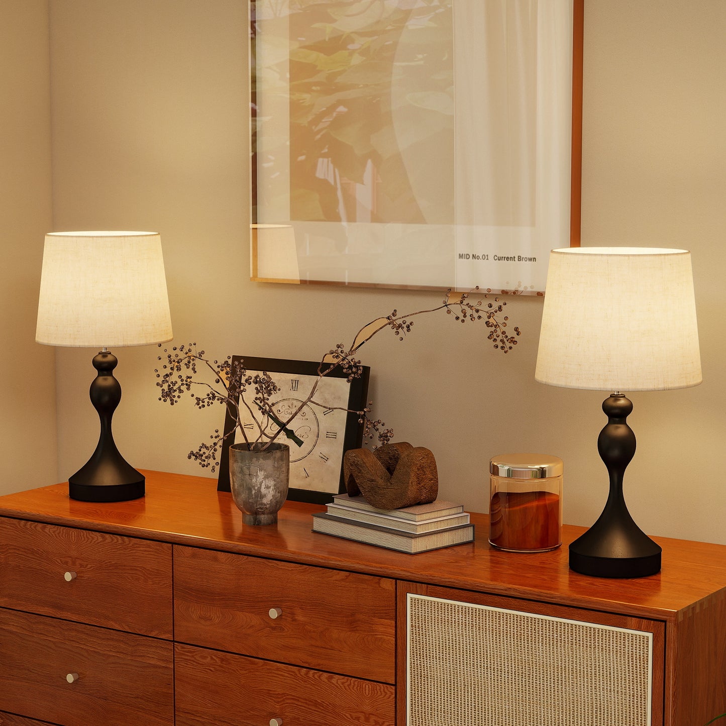 Loke Rata Metal Black And Beige Set Of 2 Touch Table Lamps With USB Ports And 3 Colour Light