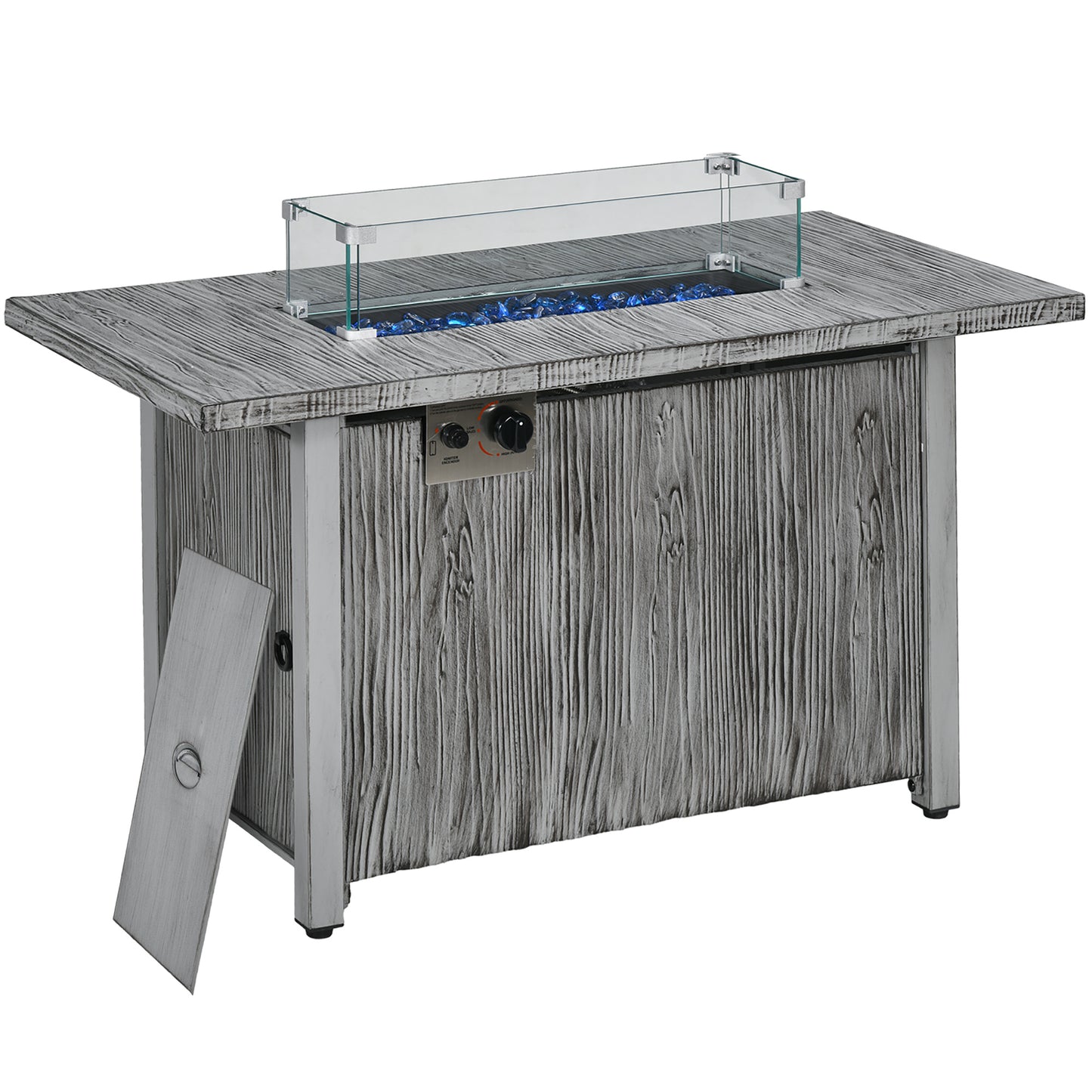 Zisefasu Steel Grey Wood Effect Gas Fire Pit Table with Cover And Glass Screen