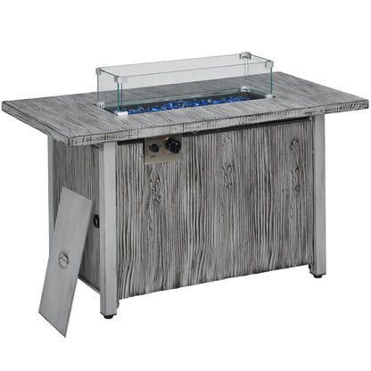 Zisefasu Steel Grey Wood Effect Gas Fire Pit Table with Cover And Glass Screen
