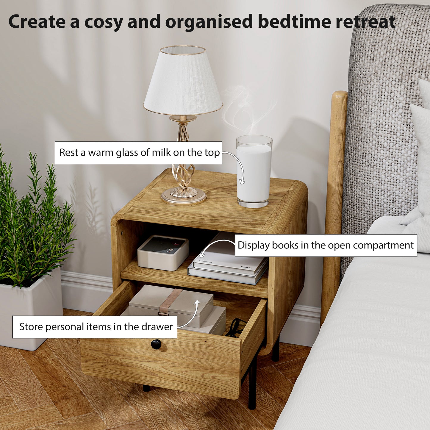 Move Lalo Oak Finish Wooden Bedside Table With Drawer And Open Shelf Storage
