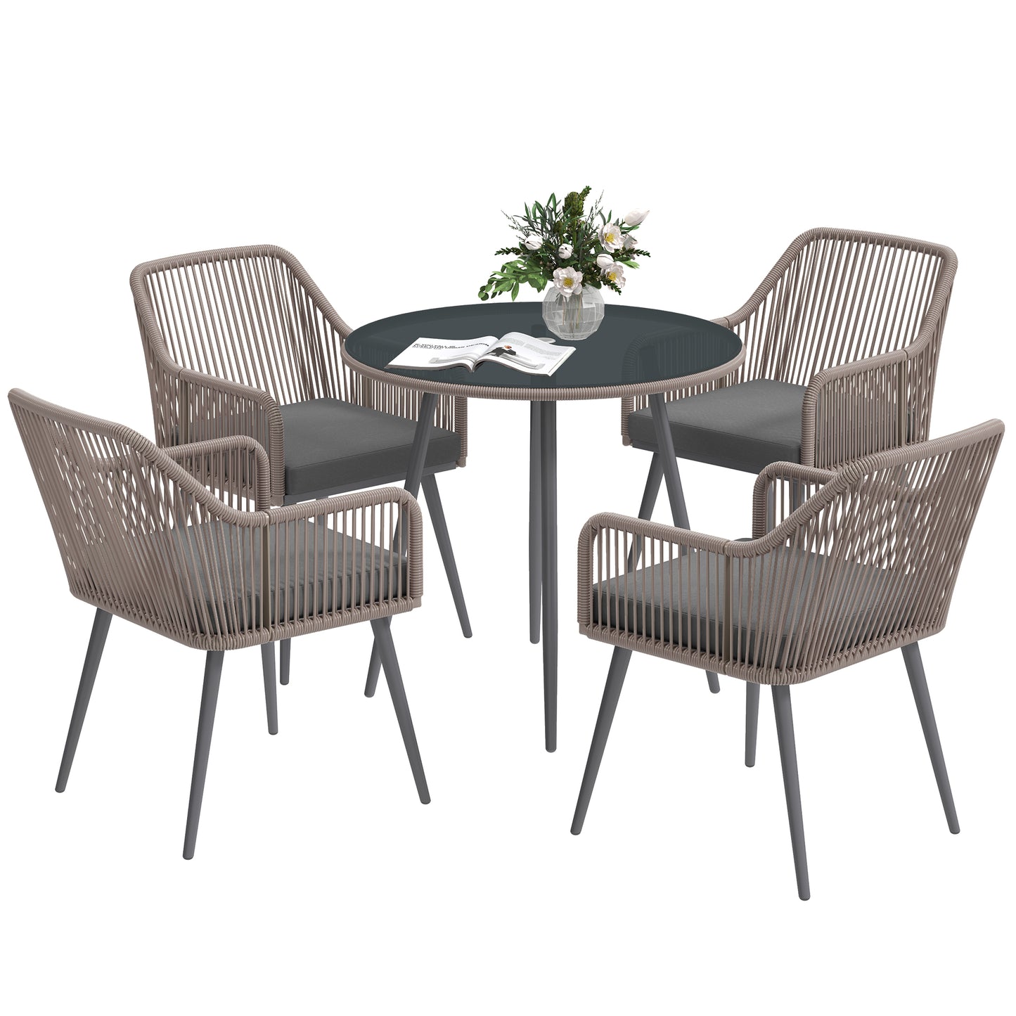 Sudore Rele Rattan Light Brown 4 Seater Outdoor Dining Set With Cushions And Round Glass Table