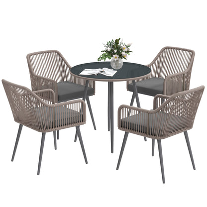Sudore Rele Rattan Light Brown 4 Seater Outdoor Dining Set With Cushions And Round Glass Table