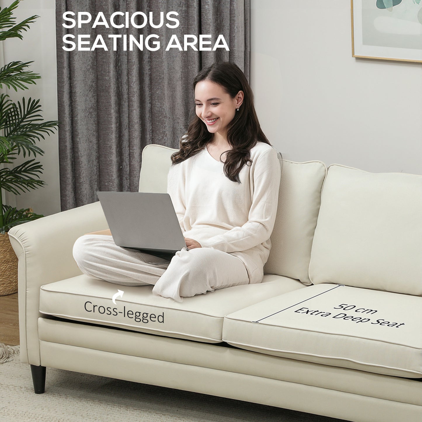 Totake Saro Cream Fabric 3 Seater Sofa With Spring Cushions And Black Legs