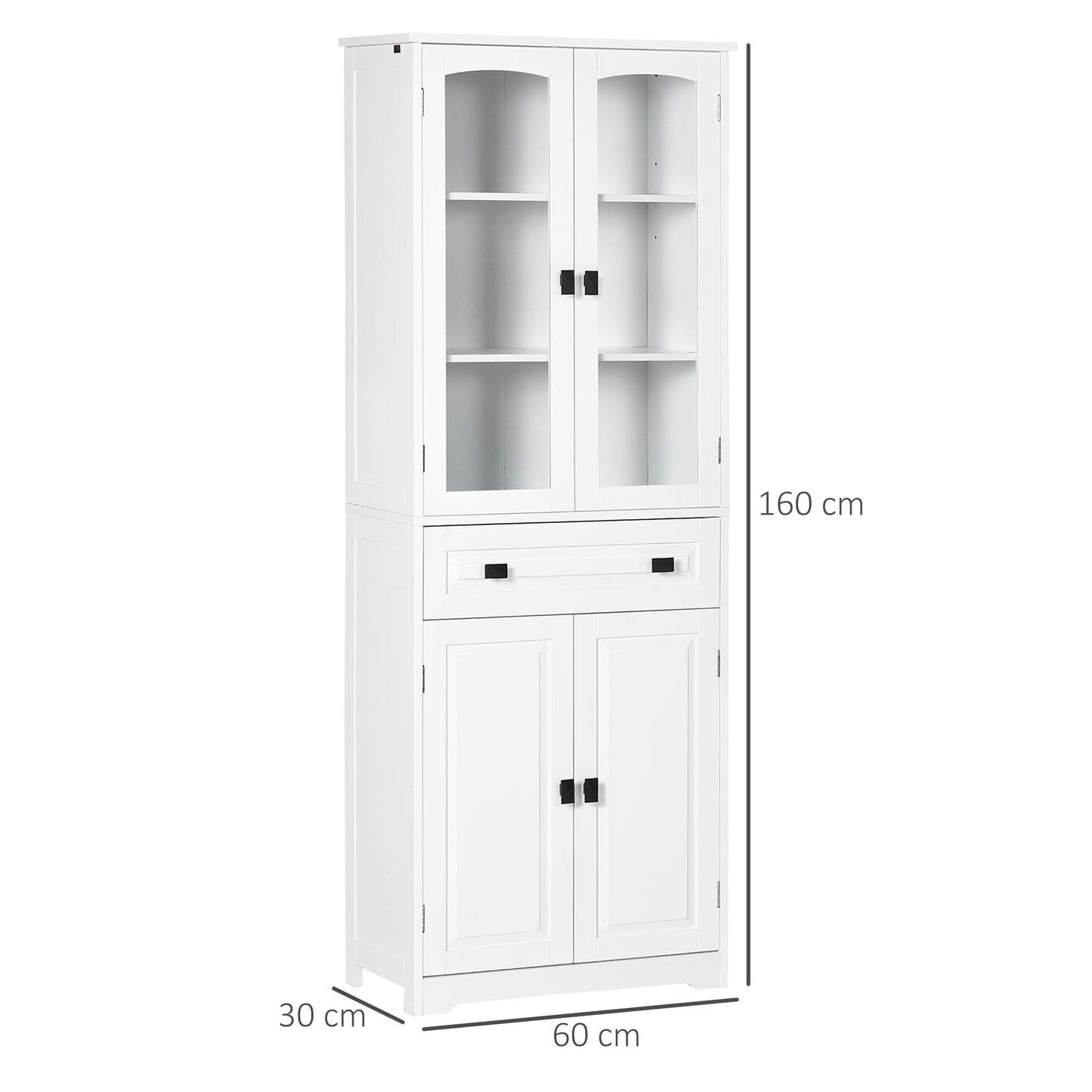 Cotase 160cm Wooden White Kitchen Cupboard With Adjustable Shelves Drawer And Glass Door
