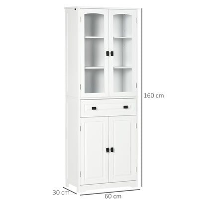 Cotase 160cm Wooden White Kitchen Cupboard With Adjustable Shelves Drawer And Glass Door